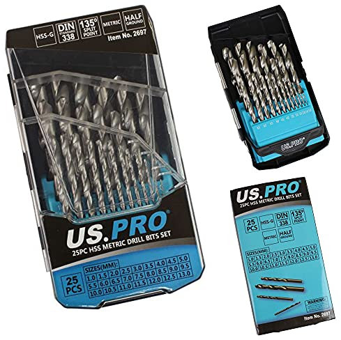 US Pro 25 Piece HSS Drill Bit Set 1mm to 13mm Plastic Case