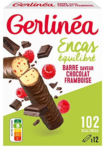 Gerlinéa - Barres Protéinées - Chocolat Noir Framboise - Encas Équilibré - Goûter et Petit-Déjeuner - Réduites en Sucre - Sans Huile de Palme - 1 Boîte de 12 Barres - 372 g