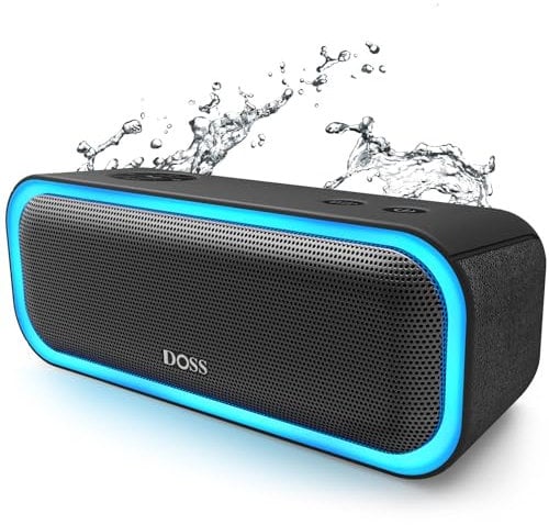 DOSS Enceinte Bluetooth Portable avec Effets Lumière, IPX5 Waterproof, Haut-Parleur 20W, Autonomie 20H, Stéréo sans Fil, Port USB, Aux et SD, Noir