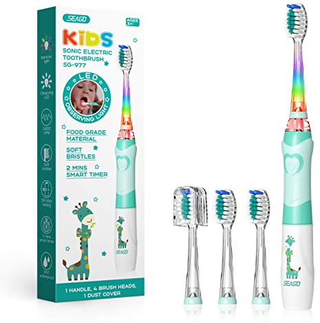 Seago Spazzolino Elettrico Bambini 3-12 Anni Spazzolino Bambini Spazzolini Elettrici Con 4 Testine Spazzolino Elettrico Luce LED Colorata e Osservante 4 Modalità Timer Intelligente SG-977, Verde
