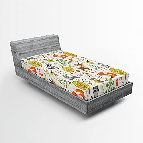 Lunarable Tiere Spannbettlaken Wald Wald Tiere Bäume Vögel Eulen Fuchs Hasen Hirsch Waschbär Pilz Druck Weicher Dekostoff Bettwäsche Rundum Elastische Tasche Twin Size Orange Braun