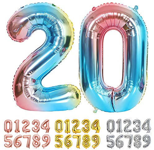 Ponmoo Luftballons Zahlen 20 Farbverlauf Blau, Riesen Nummer 0 1 2 3 4 5 6 7 8 9 10-19 20-29 30-39 40 50 60 70 80 90 100, groß Folienballons für Hochzeit Jubiläum, Geburtstags Party Dekoration
