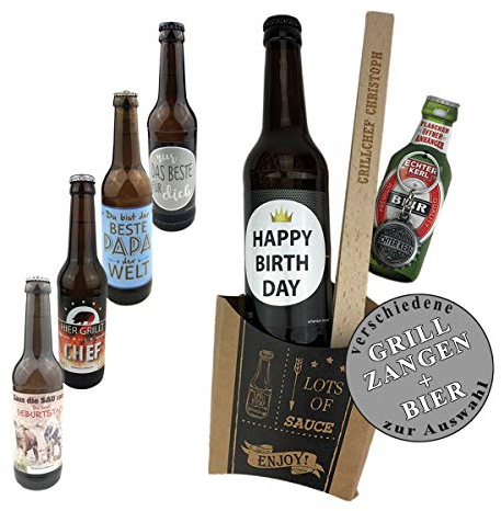 Geschenkset 4-TLG. Bier zum auswählen und Grillzange mit Gravur zum auswählen/Geburtstagsgeschenk/kreatives Geschenk/Männer/Grillen, Bier:Geburtstag Schwein, Grillzange:Horst