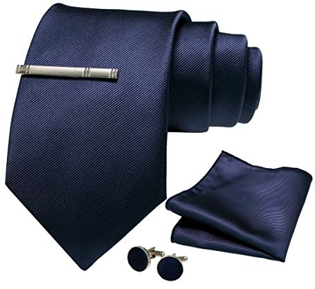JEMYGINS 9cm Breit Extra lang Krawatte Herren Marine in Seide Geeigneter Hochzeit Fest und Einstecktuch Krawattenklammer Set(2)