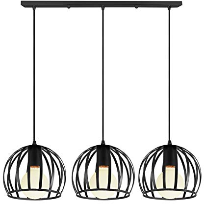 iDEGU 3-flammig Pendelleuchte Vintage Hängelampe Industrielle Käfig Lampenschirm Pendellampe aus Metall E27 Lampe für Wohnzimmer Esszimmer Küche Restaurant, 20 cm, Schwarz (50cm Stange)