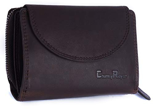 Chunkyrayan Echtleder Damen Geldbörse Hochwertig Vintage RFID Schutz inklusive Leder Schlüsselanhänger GB-3 Brown Madrid