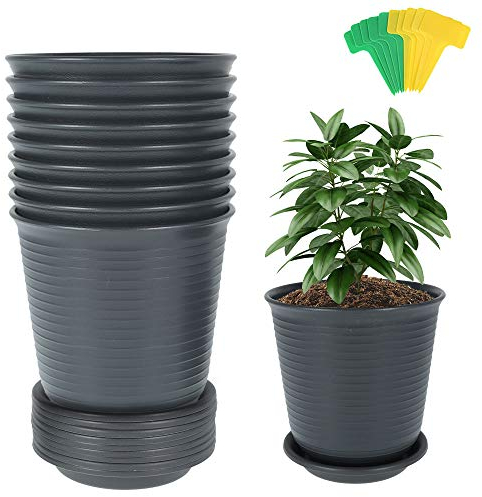 10pc Pflanztöpfe Harz-Kunststoff mit Untersetzer Ф15cm runder Pflanzkübel mit Untersetzer Blumentöpfe Schwarz+10 Etiketten Anzuchttöpfe Nursery-Pot Pflanzcontainer Saattöpfe Miniaturpflanzen (H 15CM)
