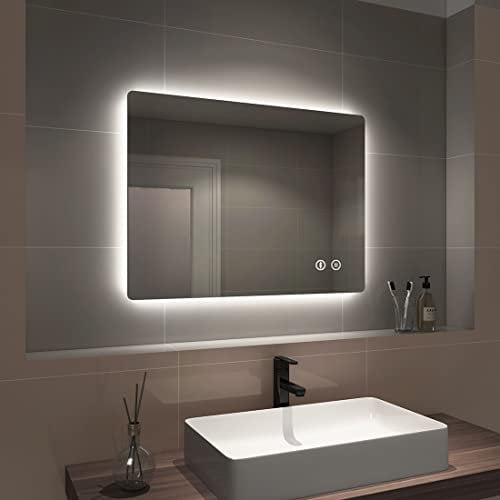 EMKE 800x600mm Bluetooth Bathroom Mirror with Shaver Socket - Backlit LED Illuminated Bathroom Mirror with Demister Pad, Makeup Vanity Touch Mirror with LED Lights