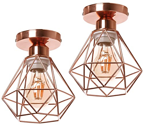 TOKIUS 2 Stück Retro Deckenlampen 16CM Vintage Deckenleuchte im Industrial Design Roségold Lampenschirm E27 Lampe aus Eisen Käfig Pendelleuchte Deckenlampe für Flur, Schlafzimmer, Küche