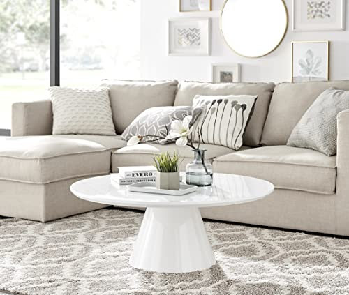 Furniturebox UK Coffee Table - Palma Round Coffee Table - Modern Coffee Tables With Tapered Central Pillar - White High-Gloss Finish - Living Room Furniture