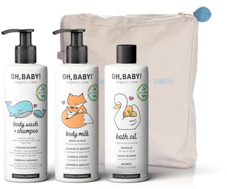 Oh, Baby! biologisches Geschenkset für Babys | Shampoo & Waschlotion I Badeöl für empfindliche Babyhaut I Körperlotion für sensible Babyhaut |mit Kulturbeutel zur Aufbewahrung der Pflegeprodukte