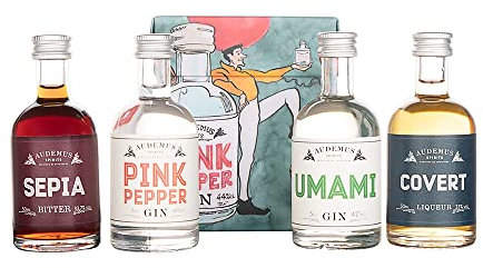 The Audemus Collection Gift Pack – 4 Miniature 50ml Bottles Of Signature Pink Pepper Gin, Covert Fig Leaf Liqueur, Sepia Bitter And Umami Gin, Luxury Flavoured Gin Tasting Set In Premium Gift Box