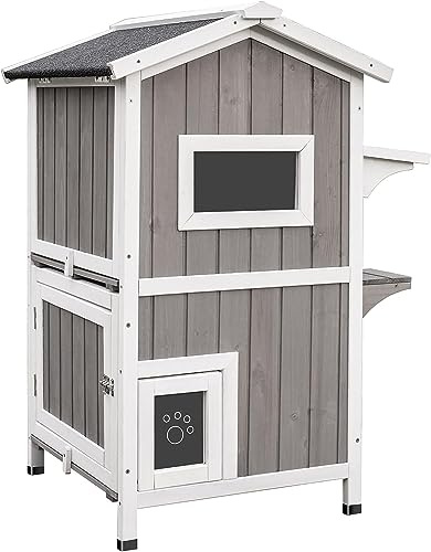 PetsCosset Weatherproof 2-Story Outdoor Cat House with Feeding Station