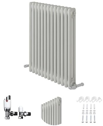2 Column Horizontal Matt White Radiator with Angled Thermostatic Valve 600x605mm