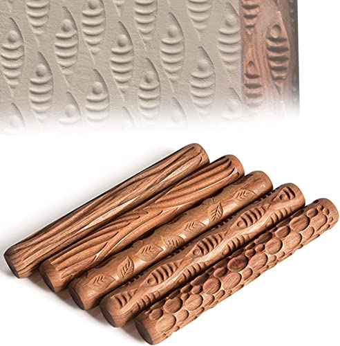 Tiamu 5 Pièces Outils de Poterie Rouleaux à Main en Bois pour Motif de Timbre en Argile Texture Kit, Outils en Céramique Sculpté Outils pour Bricolage, Artisanat