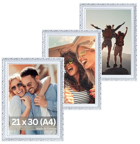 VictoR vintage Bilderrahmen „Rubens“ 3er Set in 21x30 cm (A4) weiß silber - Leiste: 30x20mm - Echtglas - Fotorahmen barock - antik - Bilderrahmen 20x30 vintage - Fotorahmen A4 weiß
