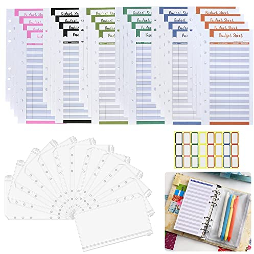 QUCUMER 12 Pcs Binder Taschen a6 Ordner 24 Pcs Budget Blätter Bindertaschen mit Reißverschluss Budget Planner Sheets Budgetblätter a6 6 Löcher Loseblatt Taschen mit Ettiketten für A6 Ringbuch