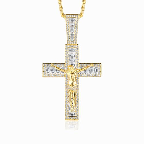TRIPOD JEWELRY Kruzifix-Halskette für Herren und Damen, Jesus-Kreuzkette, Baguette, echtes Weißgold, 18 Karat Gold/Rotgold, christlicher Anhänger (3 mm, 61 cm vergoldete Kordelkette), 39mm x 67mm x