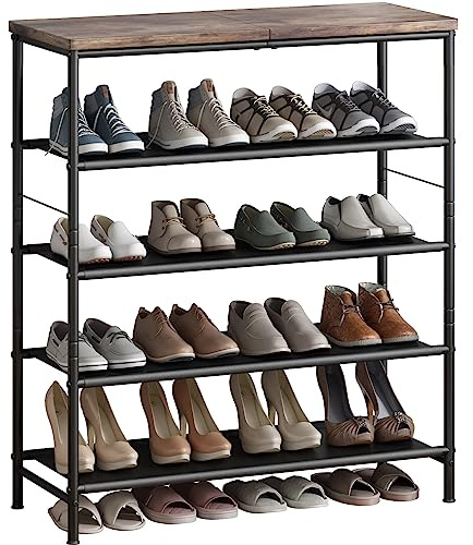 INGIORDAR Shoe Rack Organizer 5 Tier Metal Organizer Shelf with Industrial MDF Board and Layer Fabric for Entryway Closet Bedroom Living Room Garage,Black & Rustic Brown (Black+Rustic Brown, 5 Tier)