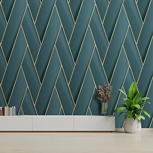 Debona Armando Herringbone Geometric Metallic Vinyl Wallpaper Teal Green/Gold 2122