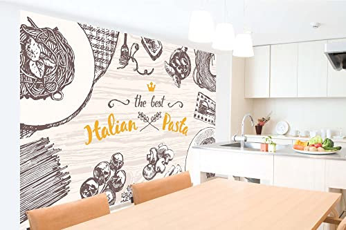 Vlies Fototapete ITALIENISCHE TEIGWAREN-ILLUSTRATION 375 x 250 cm (inkl. Kleister) - Vlies Tapete, Wandtapete, Wandbilder - Tapete für Wohnzimmer Schlafzimmer, Büro, Küche - Montagefertig