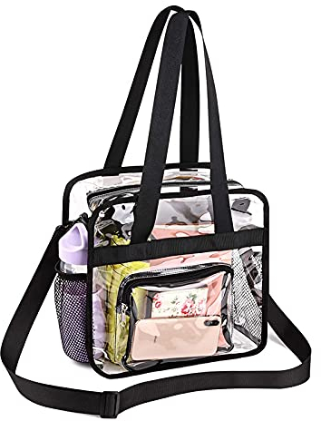 Transparente Tragetasche, transparente Tasche, große Kapazität, Kulturbeutel, transparente Umhängetasche mit verstellbarem Schultergurt und Reißverschluss für Stadionarbeit, Fitnessstudio, Schwarz