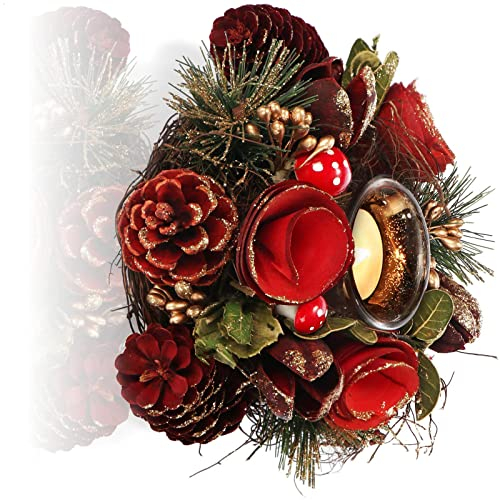 CHAMEEN Teelichthalter Dekorativer für Kerzenständer Weihnachten und Herbst Kerzenhalter mit Natürlichen Materialien Handarbeit Adventsgesteck rote Blume 3 Kerzen