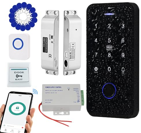 FTes RFKits Kit de control de acceso impermeable TUYA, teclado RFID táctil, cerradura electrónica NC, alimentación 3A, botón de cambio, timbre de puerta con cable, 15 teclas de 13,56 MHz