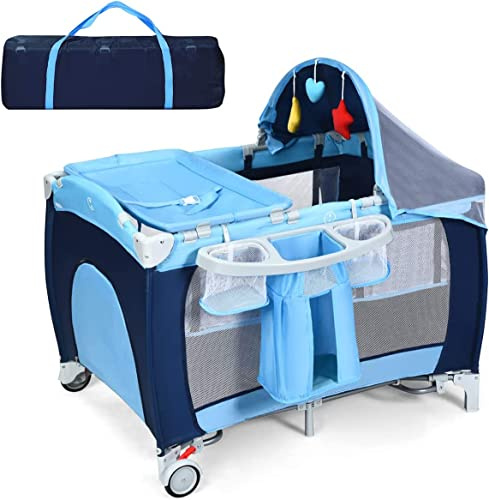 COSTWAY Cuna 4 en 1 para Niños, Moisés Plegable para Niños, Ruedas, Bolsillos, Puerta Lateral con Cremallera, Juguetes Colgando y Carillón, Centro Actividad Portátil para Niños con Bolsa (Azul)