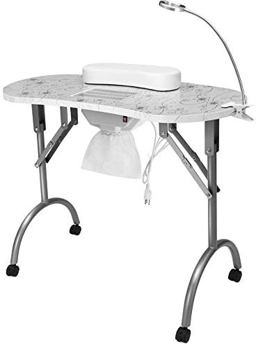 Folding Portable Nail Desk Nail Art Workstation Table with Lockable Wheels,Lamp,Wrist rest (A)