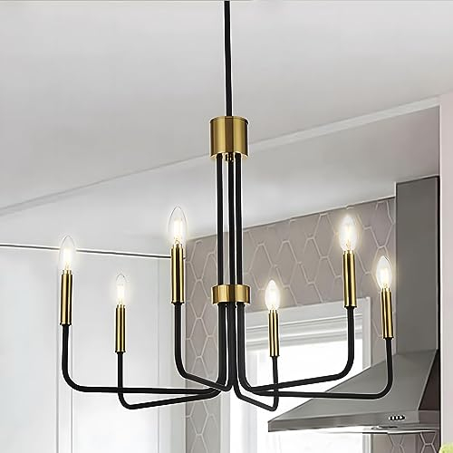 Moderne Kronleuchter Aus Messing Schwarz & Gold, Ø71cm, 6-Flammige Vintage Kronleuchter, Höhenverstellbare Pendelleuchte, Esszimmer, Kücheninsel, Wohnzimmer, Foyer E14 (Glühbirnen Nicht Enthalten)
