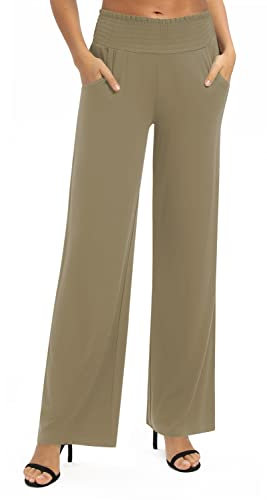 Donna Solido Sciolto Gamba Dritta Palazzo Pantaloni A Vita Alta Elastico Casual Pantaloni con Tasche(XXL, Cammello)