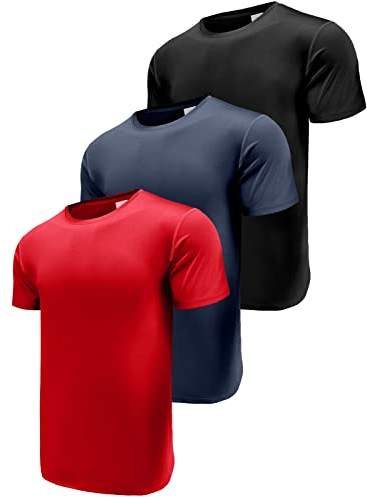3er Pack Sport Tshirts Herren Kurzarm T-Shirts Funktionsshirt Laufshirt Schnelltrocknend Atmungsaktive Sport Shirt Fitnessshirt Trainingsshirt für Running Workout Bodybuilding Black/Navy/Red-3P15-L