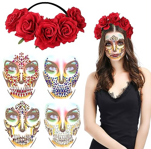 HOWAF Tag der Toten Haarschmuck Halloween haarreif Damen Blumen Haarreif Rosen Stirnband Kronen and 4 Halloween Tattoo Gesicht Halloween Gesichtstattoo für Halloween Kostüm Tag der Toten Kostüm Damen