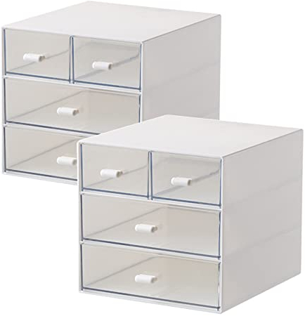Origreen Schreibtisch-Organizer mit 4 Schubladen, Make-up Organizer, Kunststoff-Aufbewahrung für Kleinigkeiten, Kosmetik-Aufbewahrungsbox für den Schreibtisch, weiß, 2 Stück.