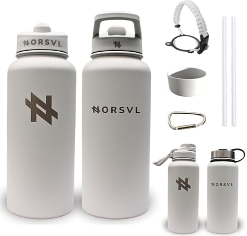 NORSVL Premium Stainless Steel Insulated Water Bottle 1L, Double Wall Vacuum Insulated Bottle, Sports Water Bottle, Hot & Cold Vacuum Flask, with 3 Lids, Paracord Handle, Bumper - Glacier Grey
