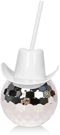 JIERUYI Disco Ball Cup,Fashionable Pink Disco Ball Cowboy Hat, Disco Ball Cup with Straw for Christmas,Halloween (B)