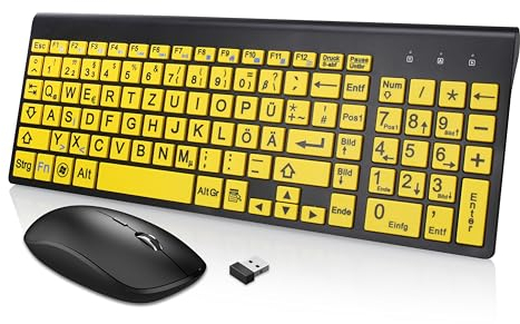 Zienstar-Kabellose Tastatur und Maus Set mit Großen Buchstaben (Deutsches QWERTZ) für Senioren & Sehbehinderte-Gelb