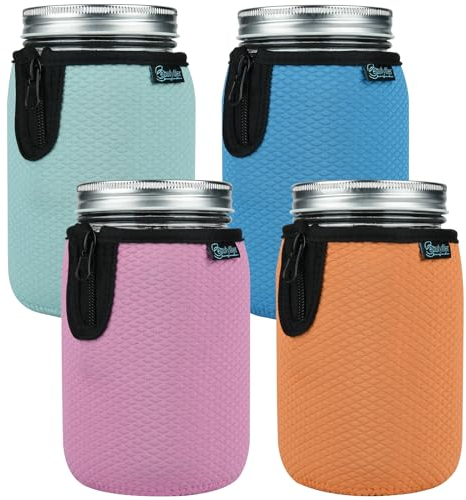 Beautyflier Wide Mouth Mason Jars 32oz Insulators, Regular Mouth 32-Ounces Mason Jar Insulated Cozy Neoprene Canning Cover, Quart Mason Jars Wide Mouth Sleeve Cover (32oz,4Color)