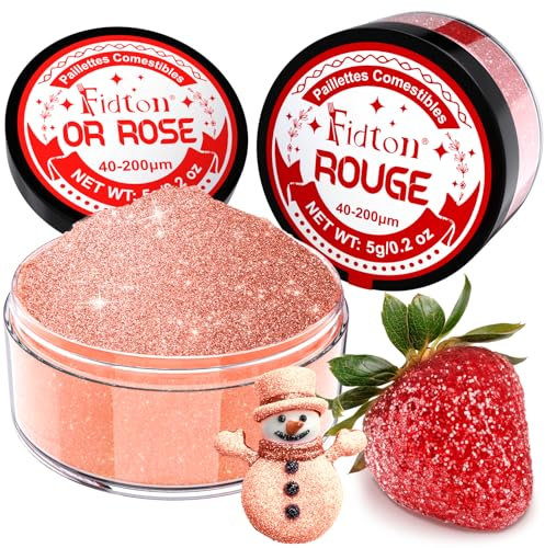 Paillettes Comestibles - Fidton Colorant Alimentaire Poudre 2 Couleurs, Decoration Gateau Comestible pour Fondant, Macaron, Paillette Alimentaire pour Cocktail, Luster Dust Or Rose et Rouge - 5 g
