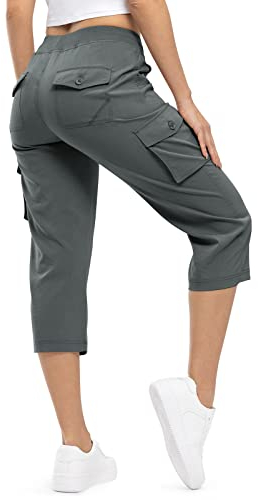 donhobo 3/4-Hosen für Damen Cargo Capris Outdoorhose Schnell Trocknende Wanderhose Shorts Trekkinghose Camping Sommer Atmungsaktiv Freizeit Hose (Dunkelgrau, S)