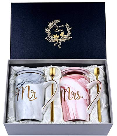 Mr E Mrs Tazze Caffe Coppia, Idee Regalo Matrimonio Sposi Originale, Regali di Nozze Anniversario, Tazze in Marmo Ceramico da 400 ml, Cucchiai e Coperchio per Biglietti D'auguri, Bellissima Scatola