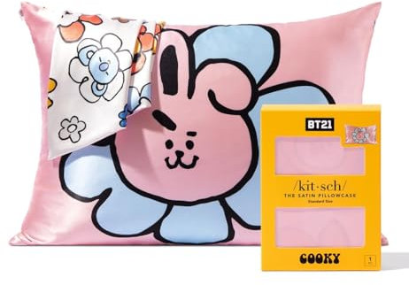 BT21 x Kitsch Satin-Kissenbezüge mit Reißverschluss, weicher als Maulbeerseide-Kissenbezüge, Standardgröße, 1 Stück, glatt, kühlend, Queen-Size, für Haare, Hautgesundheit und Schönheitsschlaf, 48,3 x