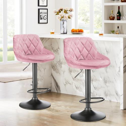 Supfine Tabouret de Bar en Velours Tabourets de Bar Lot de 2 Réglable en Hauteur, Pivotant, Repose-Pieds et Châssis Noir Mat, Siège Confortable en Velours (2, Rose)