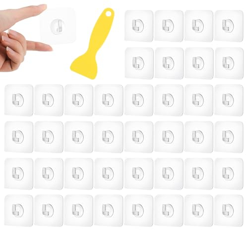 Yamitora 40 Stück Klebehaken Transparent, 5.6 * 5.6cm Magic Haken Selbstklebende Klebehaken Haken Ohne Bohren mit 1 Schaber Mehrzweckhaken für Küche, Bad, Toilette, Büro (Max 10kg)