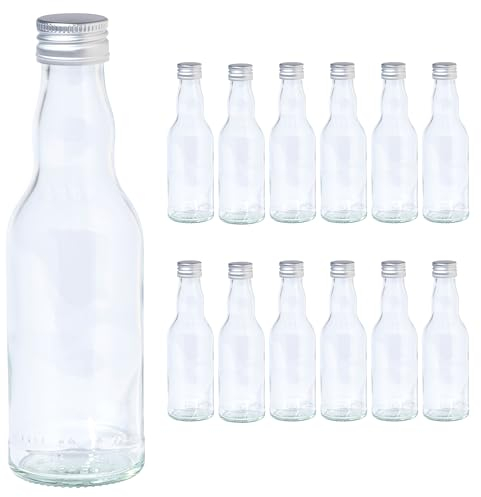 Vitrea 12 leere Glasflaschen 200ml Schraubverschluss Silber - kleine Flaschen zum Befüllen mit Deckel - für Saft, Getränke, Likör, Öl, Saucen, Sirup - 12 Stück, PP28, Kropfhals