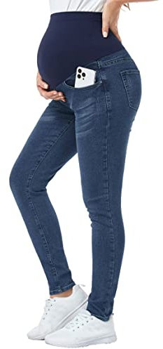 PACBREEZE Damen Umstandsjeans über dem Bauch Skinny Stretchy Denim Pants Bequeme Slim Schwangerschaftshose, 01: dunkelblau, X-Groß