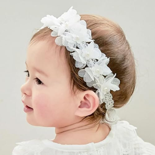 Baby Mädchen Stirnbänder Weiß Dehnbare Stirnband DoppelspitzeSpitzebowknot-Haarband Weich Baby Hairband Nylon Neugeboren Haarschmuck Babygeschenke für Neugeborene(Weiße Blumen)