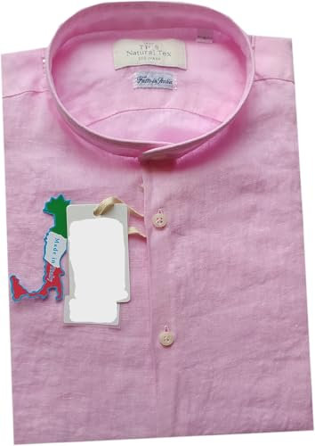 Generico TIPO'S Camicia Uomo Puro Lino Collo Coreana Made in Italy Manica Lunga TG. M, L, XL, XXL, XXXL Estate 2024(Tg L Rosa) INTIMOEGIDIO