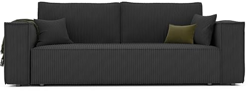 GREKPOL Schlafsofa mit Bettkasten 240x105 - Cord Schwarz Sofa mit Schlaffunktion - Couch mit Schlaffunktion - Sofa 3 Sitzer - Wohnzimmer Couch - Schlafcouch